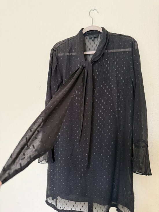 Theory Dresses & Skirts - Theory Scarf Metallic Silk Long Sleeves Black Sheer Dress Size 8